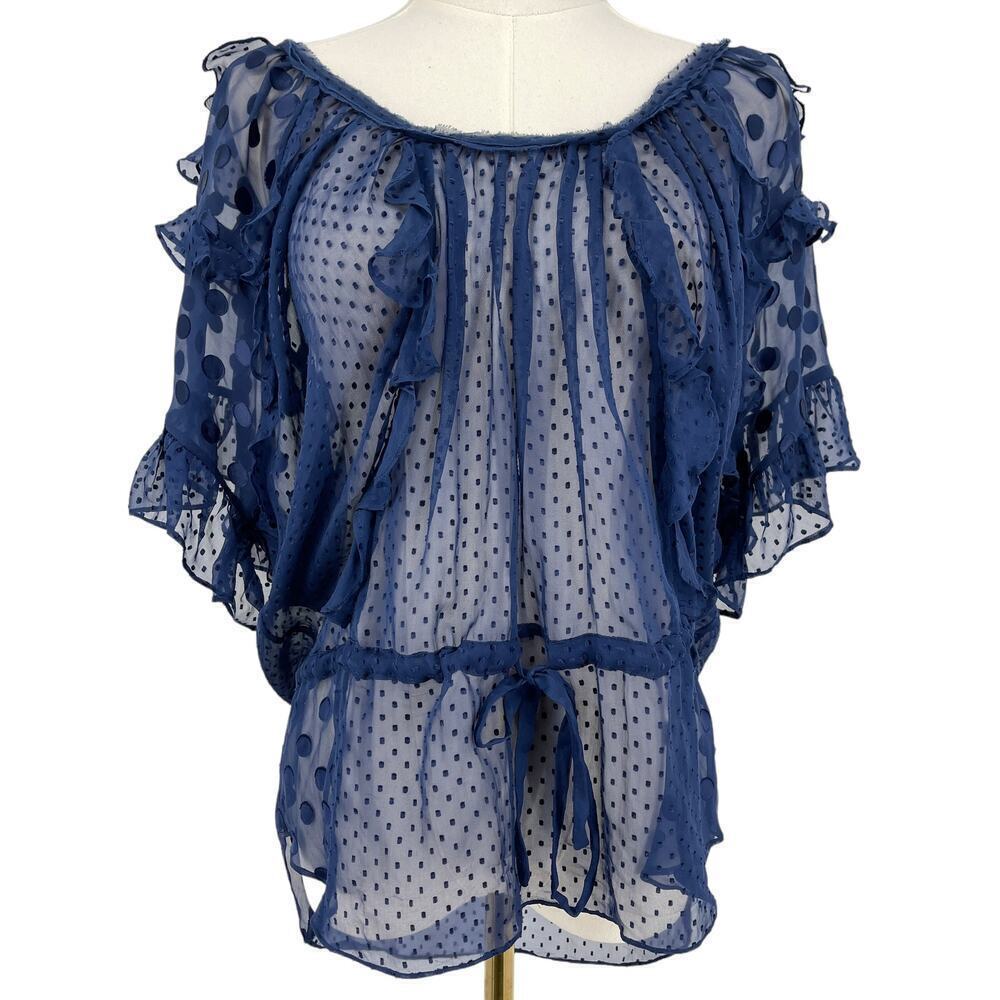 Rebecca Taylor Sheer Mesh Polka Dot Blouse Navy Size 2 Feminine Coquette